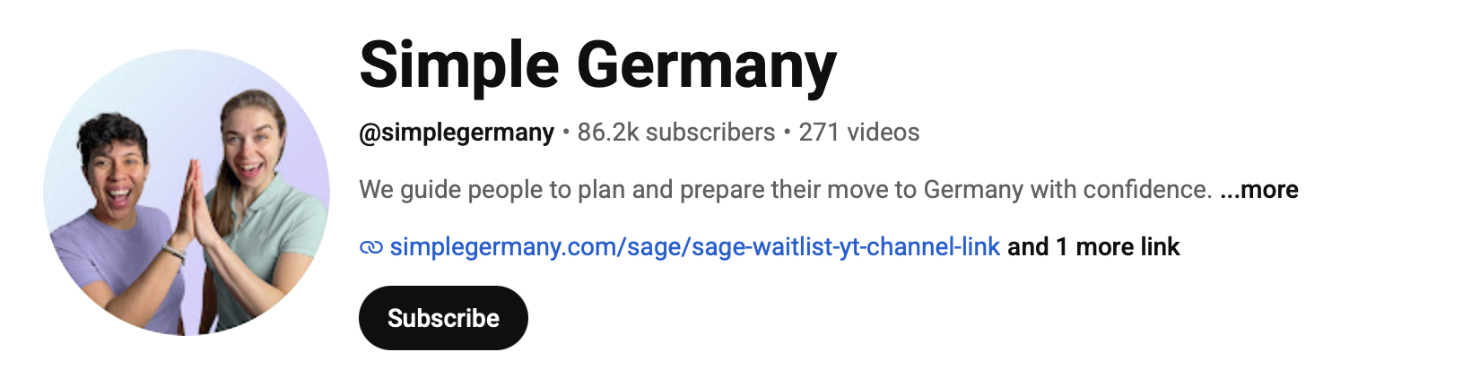 Simple Germany YouTube channel screenshot showing audience growth